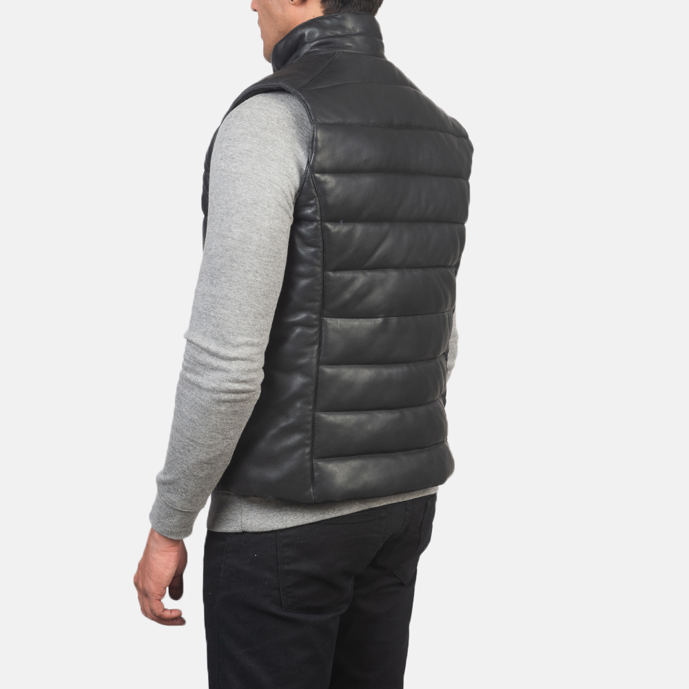 Mens Black Leather Puffer Vest - Image 2