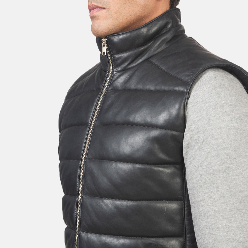 Mens Black Leather Puffer Vest - Image 5
