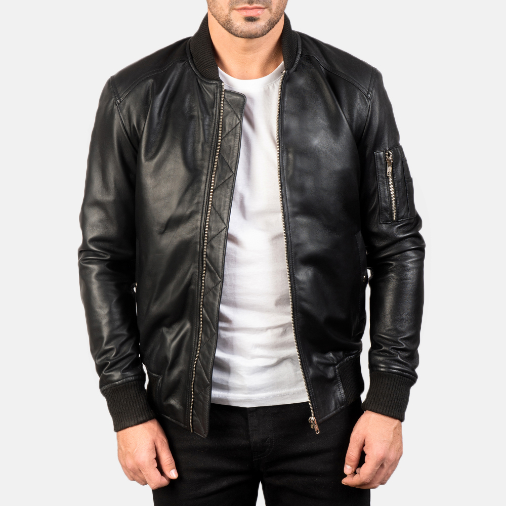 Men's Bomber Leather Jackets in Brown, Blue and Black - Image 5
