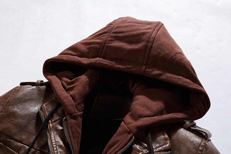 Men's Slim Fit Bomber Hoodie Brown Biker Leather Jacket - Image 4