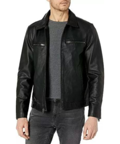 Black Leather Laydown Collar Racer Jacket