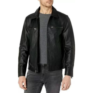 Black Leather Laydown Collar Racer Jacket for Men