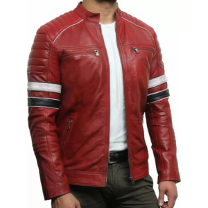 Red Striped Cafe Racer Red Real Leather Jacket