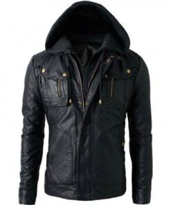 Men’s Black Biker Distressed Hooded Leather