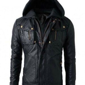 Men's Black Biker Distressed Hooded Leather Genuine Jacket with Detachable Hoodie
