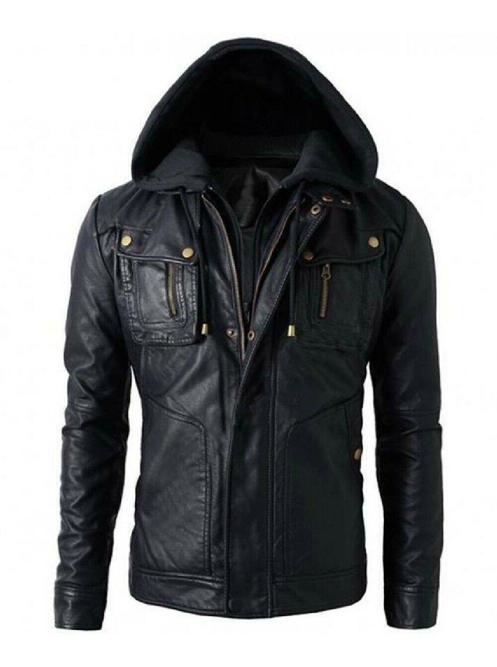 Men's Black Biker Distressed Hooded Leather Genuine Jacket with Detachable Hoodie