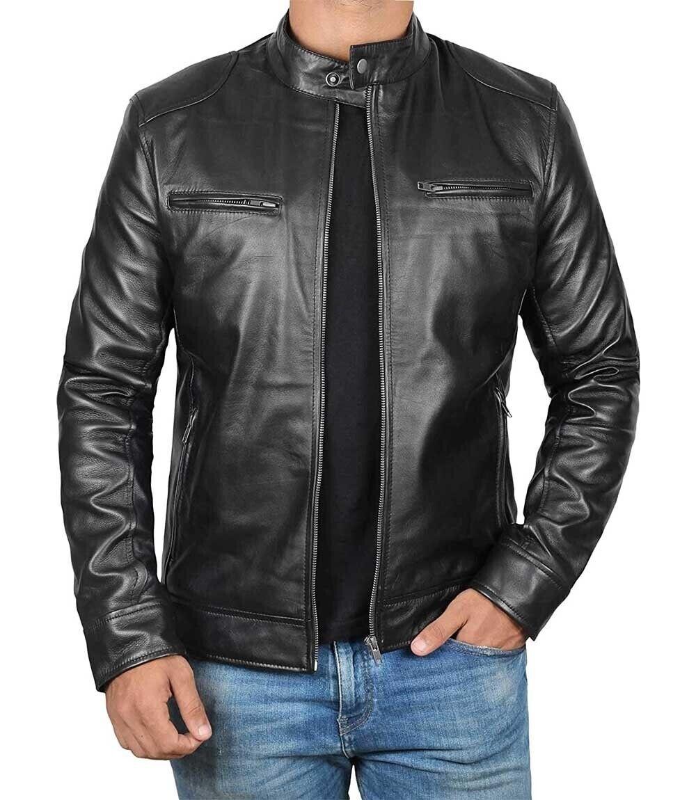 Genuine Black Leather Jacket Men - Real Lambskin Motorcycle Mens Leather Jackets