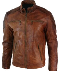 Men's Distressed Brown Cafe Racer Quilted Shoulder Motorcycle Brown Biker Leather Jacket