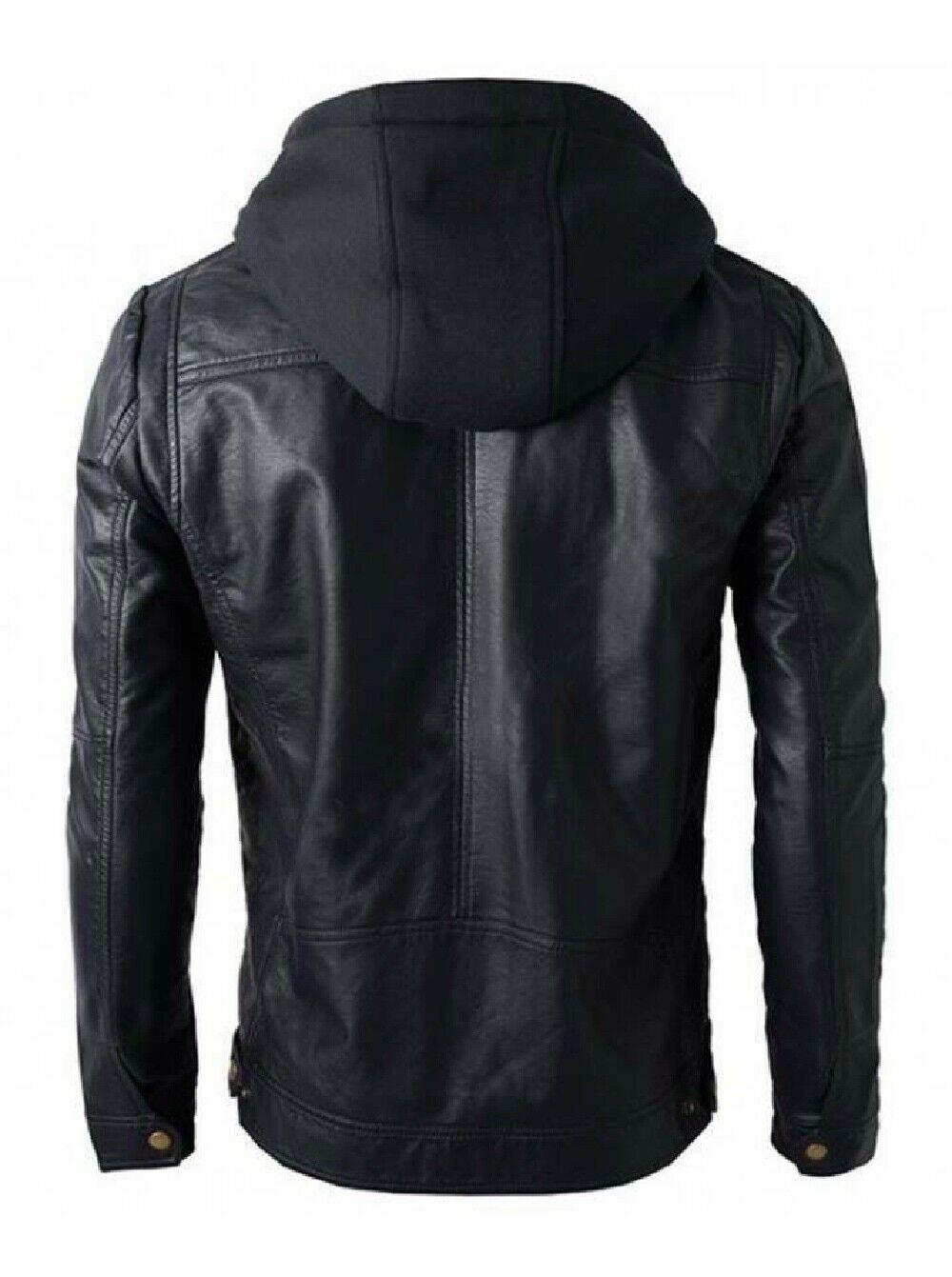 Men's Black Biker Distressed Hooded Leather Genuine Jacket with Detachable Hoodie - Image 2
