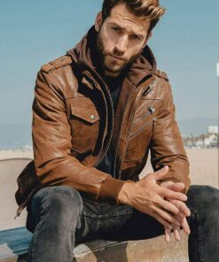 Alternative view of USA BROWN LEATHER MOTORCYCLE & BIKER JACKET FOR MEN WITH REMOVABLE HOOD