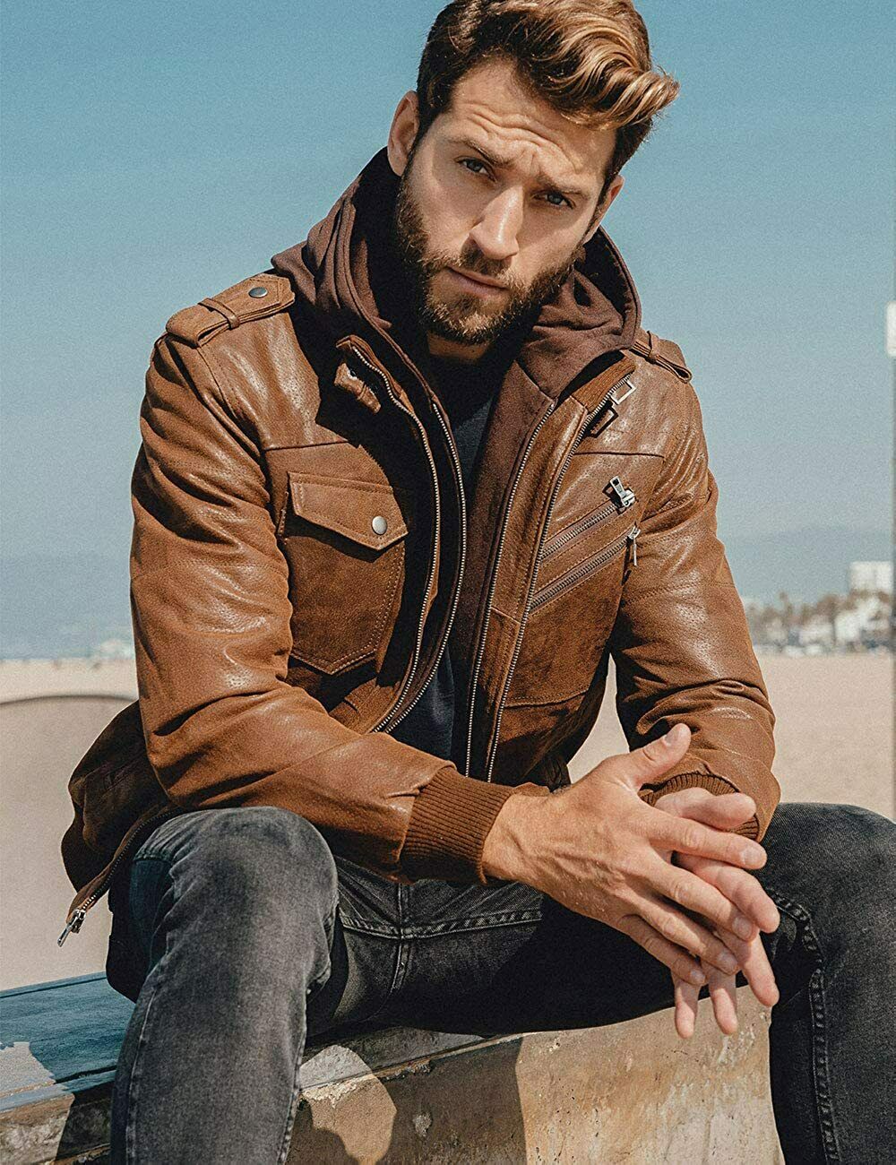 USA BROWN LEATHER MOTORCYCLE & BIKER JACKET FOR MEN WITH REMOVABLE HOOD - Image 2
