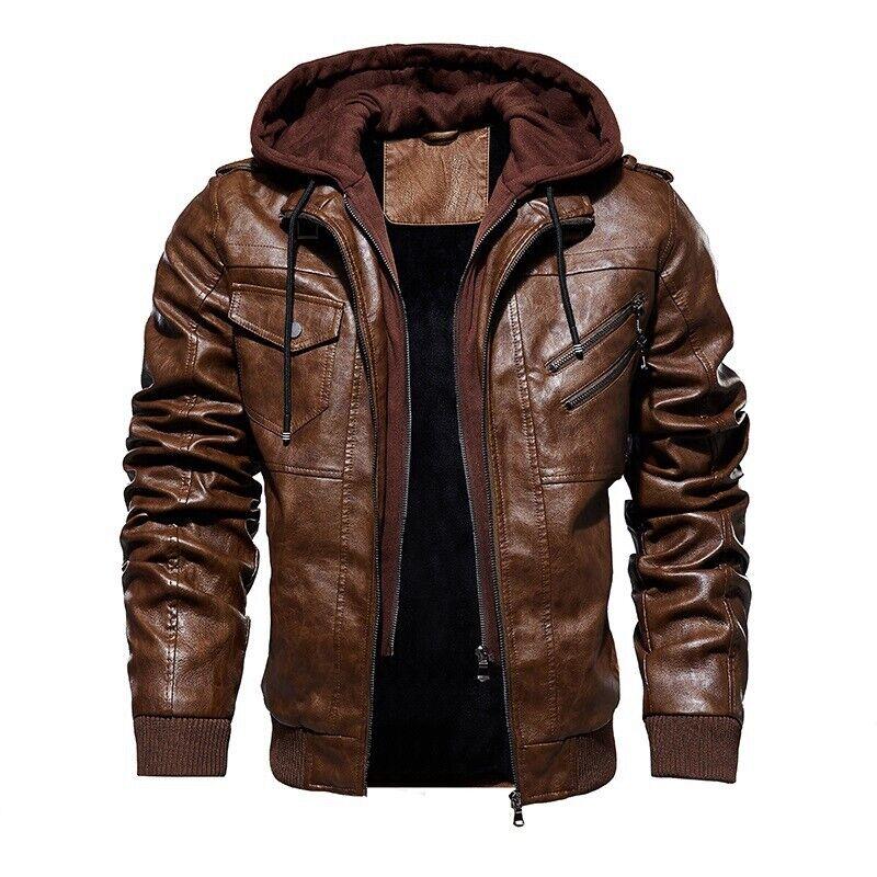 Men's Slim Fit Bomber Hoodie Brown Biker Leather Jacket