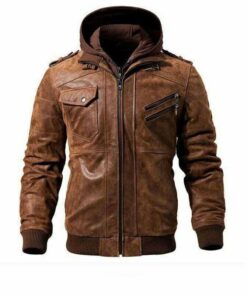 USA BROWN LEATHER MOTORCYCLE & BIKER JACKET FOR MEN WITH REMOVABLE HOOD