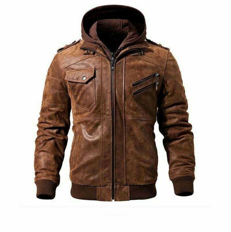 USA BROWN LEATHER MOTORCYCLE & BIKER JACKET FOR MEN WITH REMOVABLE HOOD