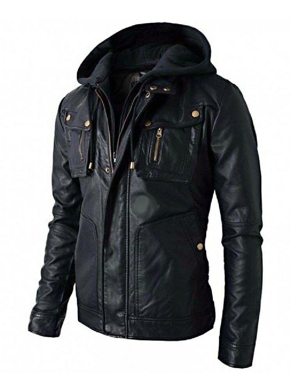 Men's Black Biker Distressed Hooded Leather Genuine Jacket with Detachable Hoodie - Image 3