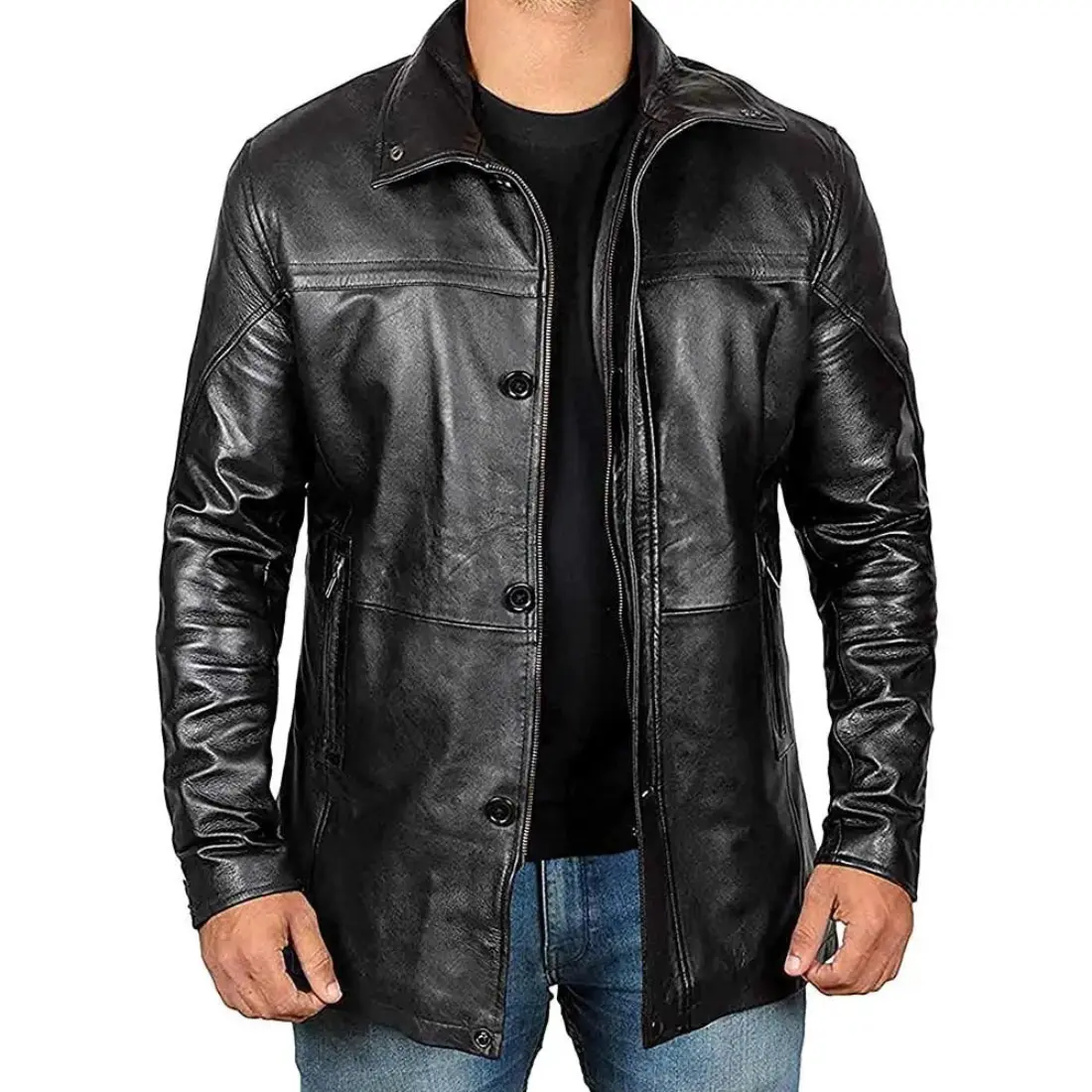Muzqey Leather Jacket Lambskin Black Leather Trench Coat Men's